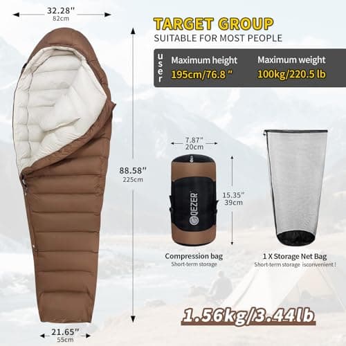 QEZER Winter Sleeping Bag for Adults, Lightweight Down Sleeping Bag -20 Degree C for Cold Weather Camping and Mountaineering Outdoor with 650 FP Duck Down (Coffee, 1000g down) — view 2