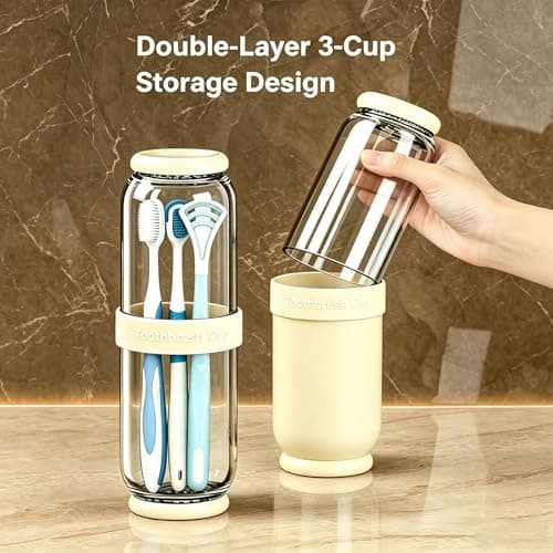 Northvast Portable Oral Care Kit: Nano Toothbrush, Silicone Tongue Scraper & Tongue Cleaner, Wet-Dry Separation 3-Cup Travel Wash Cup Set for Business Trips & Camping (Milky Grey) — view 3