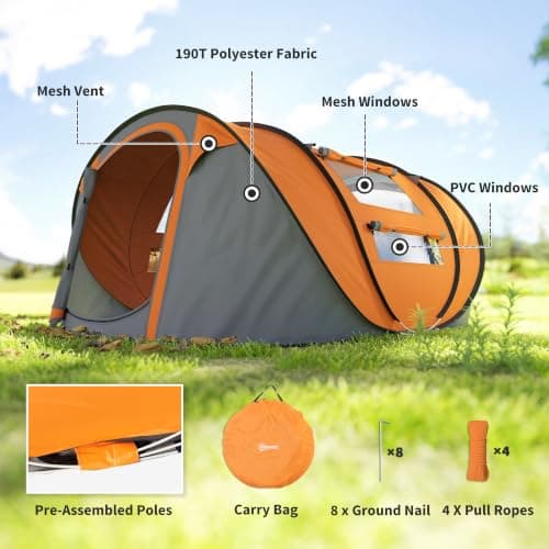 Outsunny 3 Person Pop-up Camping Tent w/Ground Sheet 4 Windows Orange — view 6