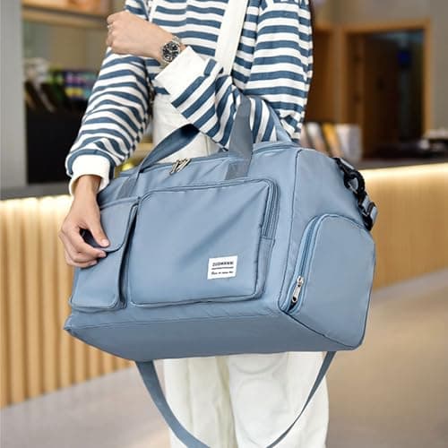 Sports Gym Bag Foldable Overnight Weekend Bags Womens Mens Duffel Bag with Shoes Compartment Water Resistant Holdall with Wet and Dry Separation Bag for Sports and Travel (Blue) — view 5
