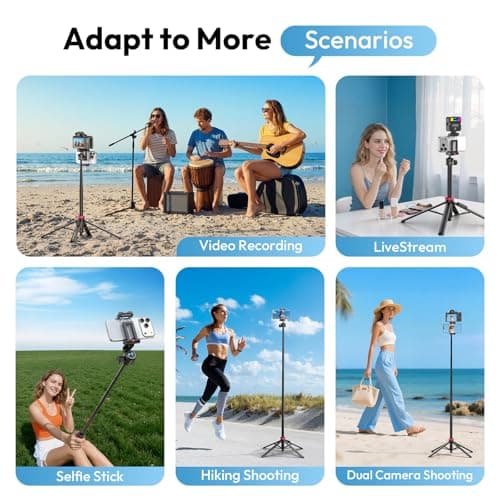 ULANZI MT-44 B [ 2026 UPGRADED] Auto Open Phone Tripod 59'', Four-Leg Stand with Dual Camera Set up, 360° Ball Head Cold Shoe 1/4" Thread, Selfie Stick Bluetooth for DSLR Action Cameras iPhone Samsung — view 4