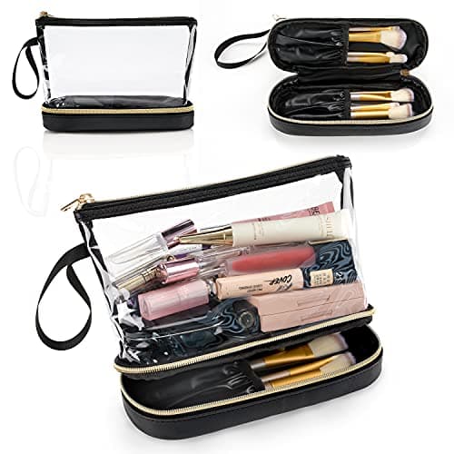 Clear Makeup Bag with Brushes Compartment Travel Toiletry Bag 2 Layer Black