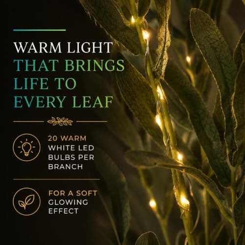 Festive Lights - 3 x 65cm Decorative Olive Leaf Branch Lights (1 Pack) with 60 Warm White LEDs - Battery Powered Indoor Foliage, Green Design, Timer Function, Clear Cable, Twig Style Vase Display — view 5