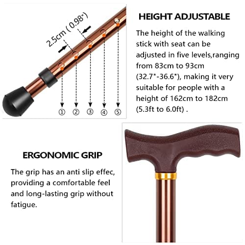 LINGTHIN Walking Stick with Seat for Men 265 lbs Capacity, Large Seat Board Height Adjustable Foldable Walking Cane with Seat, Cane Stool for Elderly Men, Adults and Convalescent People. — view 3