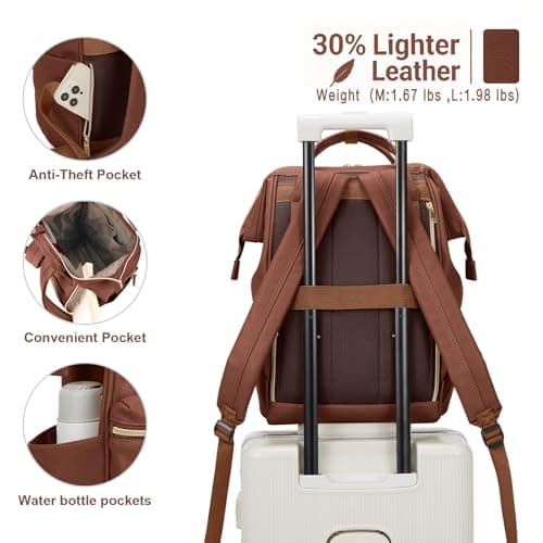 Kah&Kee Leather Laptop Backpack for Women, 14-15 Inch Professional Work Bag, Water-Resistant Vegan Leather Doctor Bag Backpack for Teacher, Nurse & Travel, Fits MacBook Pro 15 (Brown,Medium) — view 2