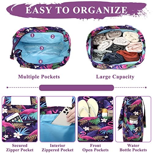 VASCHY Beach Bag, Water Resistant Large Women's Lightweight Foldable Summer Shoulder Bag with Zip and Multi-Pockets for Holidays, Travel, Beach, Pool, Shopping, Gym, 17.3 L, A-Flamingo purple, Taille — view 4