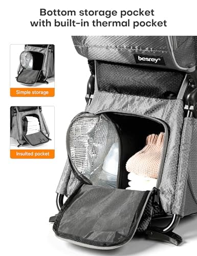 besrey Baby Backpack Carrier, Toddler Hiking Backpack with Safety 3-Height Seat, Adjustable Straps&Waist Belt, Foldable Frame Lightweight Large Capacity Child Carrier for Hiking (Silver Grey) — view 3
