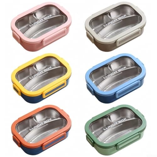HEIBTENY Stainless Steel Lunch Box 3 Compartment Leakproof Container for Adults Kids School Work Office Picnic Travel Blue Yellow 23.7cm(Blue) — view 2