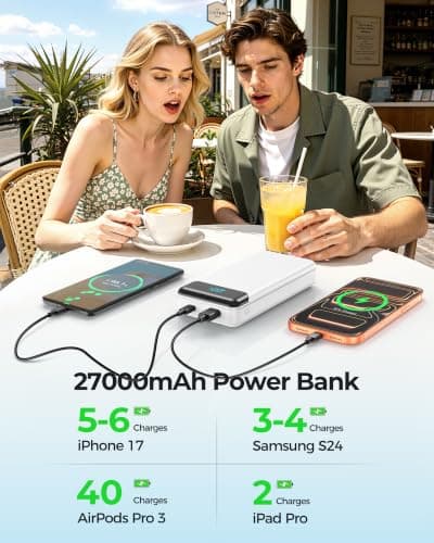Power Bank 27000mAh,QC4.0 22.5W Fast Charging Portable Charger with Built-in 3 Cables, 4 Outputs & 3 Inputs Powerbank with LED Display for iPhone, Tablets and More White — view 2