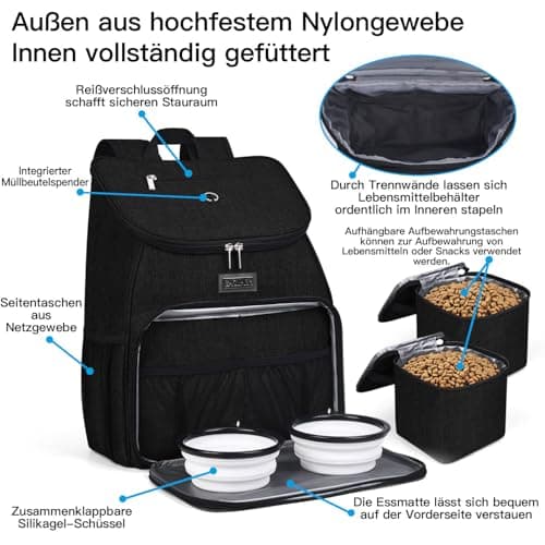 BAGLHER丨Dog Travel Bag, Airline Approved Pet Supplies Backpack, Dog Travel Backpack Accessories Set with 2 Silicone Collapsible Bowls and 2 Food Baskets. Black — view 4