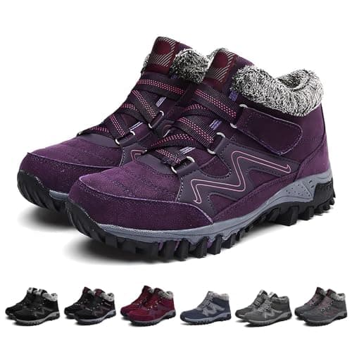 trail running shoes women Hiking Boots Women Waterproof Men Lightweight Lace up Ankle Booties Winter Warm Faux Fur Lined Walking Boot Non-Slip Mountain Trekking Shoes wide fit boots for uk Purple 7