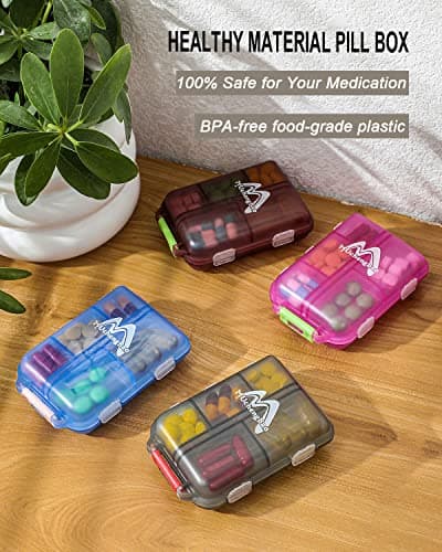 4 Pack Pill Case Portable Small Weekly Travel Pill Organizer Portable Pocket Pill Box Dispenser for Purse Vitamin Fish Oil Compartments Container Medicine Box — view 6
