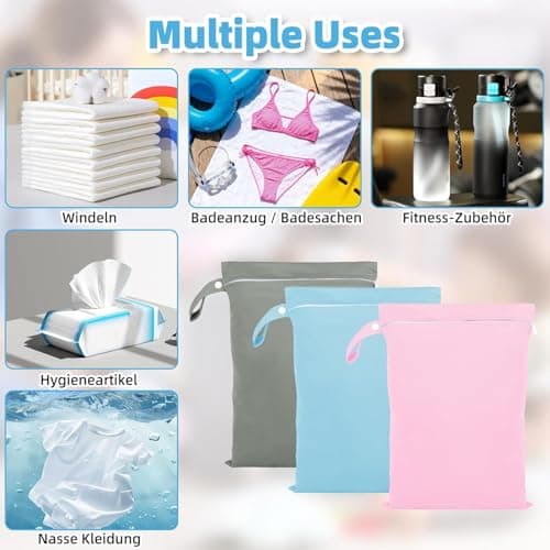 GOEDEKE 3 PCS Wet Bags, Reusable Cloth Diaper Bags with Handle and Zipper, 40 x 30 cm Wet Bags for Swimming Travel, Washable Wet Dry Bag for Travel, Beach, Camping, Swimming, Gym (Grey, Blue, Pink) — view 4
