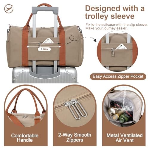 FIORETTO Womens Gym Sports Bag Travel Bag with Shoes Compartment & Wet Pocket, Weekend Overnight Duffle Hospital Bag Carry On Holdall for Travel Swimming Khaki — view 4