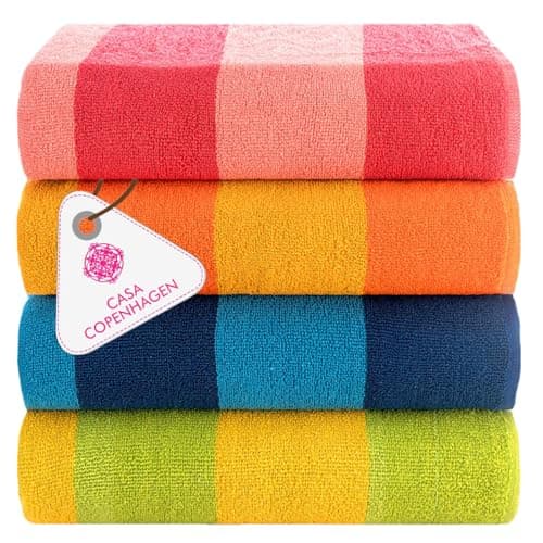 CASA COPENHAGEN Malibu Towel 4Pcs Orange,Ocean Blue,Blush Pink,Olive Green Designer Stripe Beach Towels Gift Set 30"x60" Oversized 100% Cotton Pool Bath Towel for Beach (Gift Set For Women & Men)