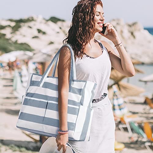 oscaurt Beach Bags for Women, Waterproof Beach Bag with 9 Pockets Large Capactiy Tote Bag with Zip Holiday Essentials for Women — view 2