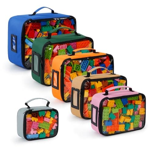 6 Pack Toy Storage Bags with Mesh & Tag Pockets, 4 Sizes | Clear Zipper Organizing Bags | Travel See Through Colored Pouch for Lego Bricks, Building Blocks, Toy Cars, Puzzles (Set C: Multi-Color)
