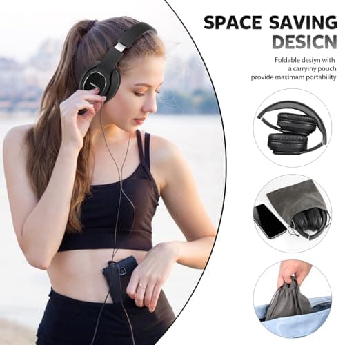 WorWoder 80Hrs Wireless Over Ear Headphones, Bluetooth 5.0 Wireless & Wired Mode, HiFi Stereo Sound with Mic, Lightweight Headset with Deep Bass for Work Travel Online Class (BLACK) — view 5