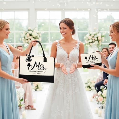 RUQVKWLA Bride To Be Gifts 2026 Tote Bag Set with Makeup Bag and Card Mrs Canvas Bag Wedding Gift for Bride To Be Bridal Shower Engagement Bachelorette Party Honeymoon Large Capacity Gift Set — view 2