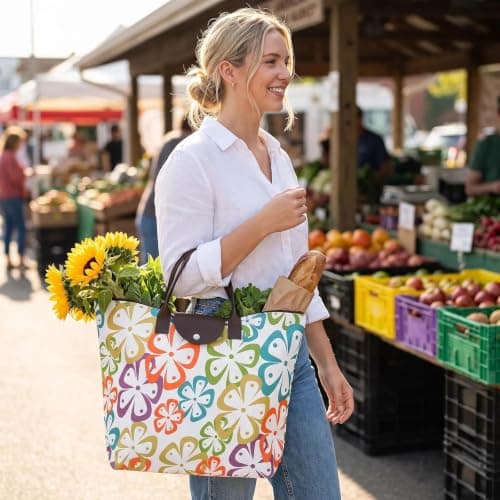 NIFTYY Foldable Zipper Tote Bag for Women – Waterproof Reusable Shopping Bag, Portable Travel Beach Gym Bag with Pocket, Compact Foldable Handbag for Grocery, Travel, Holiday, Pool (colorful) — view 2