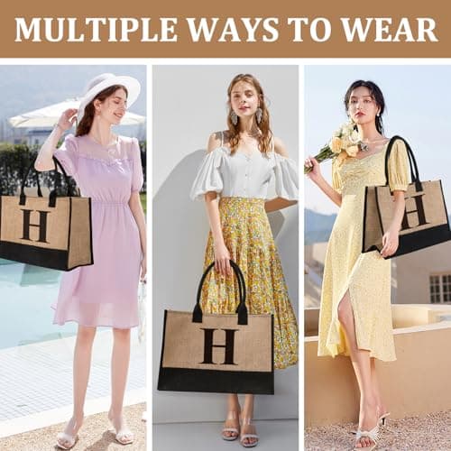 Tecanne Initial Jute Tote Bag & Makeup Bag, Birthday Gifts for Women Her Mum Teacher, Suitable for Wedding, Beach, Holiday (H) — view 5