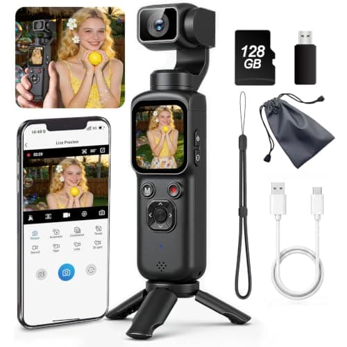 4K Handheld Vlogging Camera with WiFi, Outdoor Pocket Gimbal Camera, 330° Rotating Lens Handheld Video Camcorder, 64MP Fast Focusing Face Tracking, 3-Axis Stabilizer for Travel Vlog (Black, 128G)