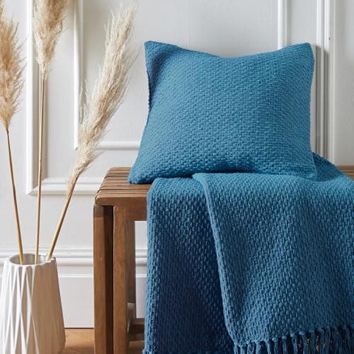 Drift Home - Teal Throw with Tassel (180 x 130cm) - Sustainable Recycled Cotton - Woven Blanket in Teal Blue - Basket Weaved - Textured Sofa Throw Blanket Teal - Teal Blue Blanket/Bed Throw Large — view 2