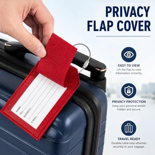 Redamancy 4 Pcs Luggage Tags, Leather Suitcase Tags, Baggage Tags with Adjustable Strap Privacy Protection Cover for Preventing Loss of Bags and Suitcases(Black, Red, White, Blue) — view 5