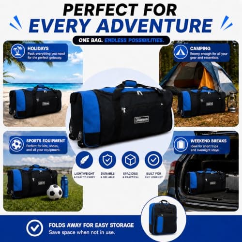 Large Holdall with Wheels, 82L Wheeled Duffle Bag, Black Rolling Travel Bag, Soft Luggage with Zipped Pockets for Holidays, Weekend Trips, Sports, Gym & Overnight Travel — view 4
