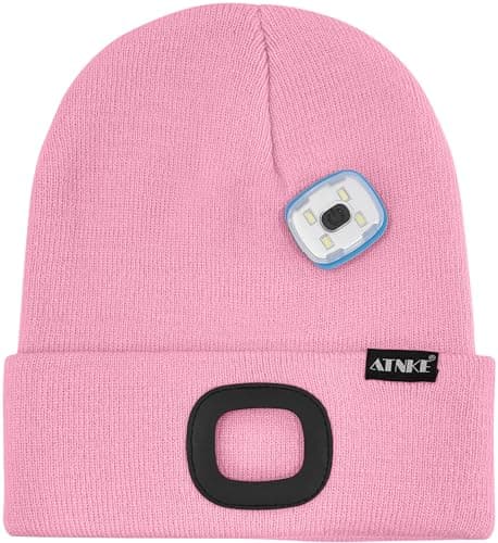 ATNKE LED Lighted Beanie Hat, USB Type C Rechargeable 4 LED Running Headlamp Ultra Bright Cap with Light Hands Free Head Torch Winter Warm Knit Beany Gifts for Men and Women/Pink — view 3