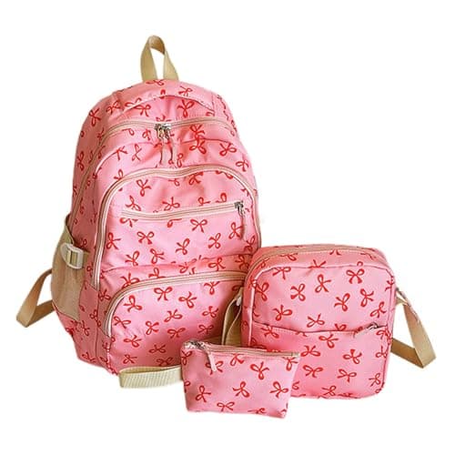 Pink Boys Girls School Bag 3Pcs Set Kids Backpack Cute Bow School Bags Large Capacity Schoolbag with Crossbody Bag Handbag Nylon Aesthetic Rucksacks for Teenagers College Primary Secondary Age 6-18
