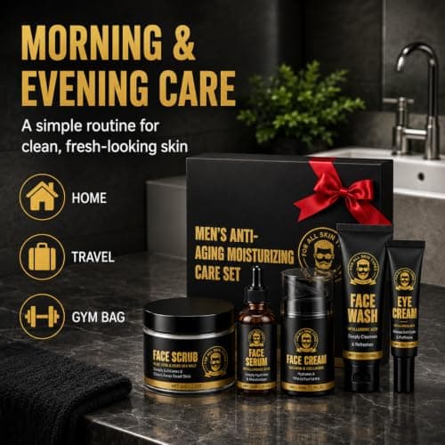 5PCS Men's Skin Care Sets & Kits, Daily Skincare Gift Set with Cream, Cleanser, Scrub, Eye Cream & Facial Serum, Moisturiser Routine Grooming Kit for Day & Night Care for Him at Home Travel — view 2