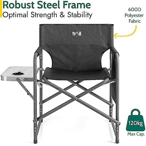 Trail Folding Directors Chair With Side Table, Cup Holder, Storage Pocket, Outdoor Camping Garden Seat, Storage Pocket, Padded Armrests, Heavy Duty Steel Frame,120kg Capacity (Black) — view 4