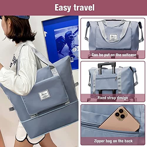 YAMEE Large Capacity Folding Travel Bag, Lightweight Waterproof Carry on Luggage Bags with Fixed Strap, Dry and Wet Separation Foldable Duffel Bag for Weekender Overnight Sports Gym (Blue), One Size — view 4