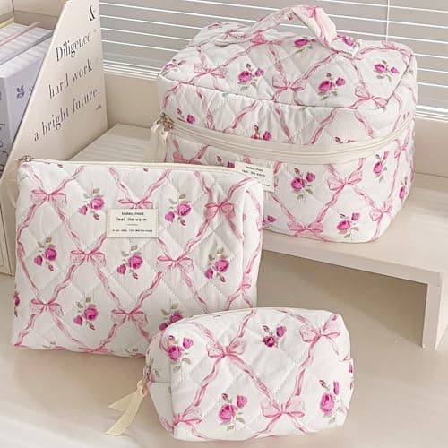 Aucuu 3PCS Coquette Makeup Bag, Quilted Makeup Bag for Women, Floral Cotton Cosmetic Bag Set, Large Capacity Aesthetic Floral Toiletry Bag, Travel Toiletry Bag, Wash Organizer Pouch for Women Girls — view 5