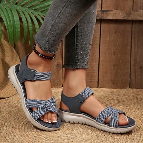 Sandals Women Wide Fit Adjustable Ankle Strap Open Toe Comfort Summer Ladies Shoes Casual Holiday Walking Sports (Z02 Blue, 6) — view 3