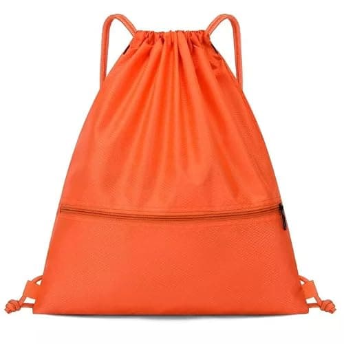 FATASH Large Drawstring PE Bag with Zipper Pocket, Waterproof Swimming & Gym Bag, Kids & Adult Unisex Design, Rucksack For School, Outdoor, Sports & Travel Orange