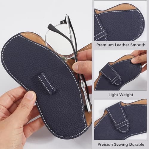 CREATCABIN Leather Sunglasses Case Portable Slim Glasses Case Bag Lightweight Travel Eyeglasses Holder Pouch Cover with Soft Cleaning Cloth for Women Men Holiday Vacation 6.9x3.4 Inch Prussian Blue — view 5