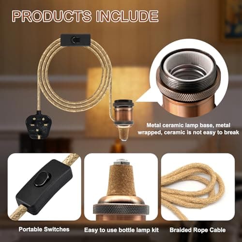 LAKONEI 2 Pack DIY Bottle Lamp Kit Vintage, Burgundy E27 Ceramic Socket with 2.4m Braided Jute Cable & 3 Stoppers, Bottle Lamp Holder with Switch and Plug, Fits Most Bottles for DIY Table Light — view 3