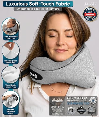 SNUGL Travel Pillow – Memory Foam Neck Pillow for Travel – Support Cushion for Airplane with Carry Bag & Clip - Holiday Essentials (Grey - Adult Small) — view 6