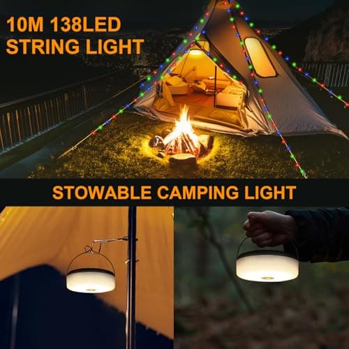 RISEMART Camping String Lights 10M | 2-in-1 Solar & USB Waterproof Outdoor Lights with 5 Modes,Fast Charging & Portable Design | Rechargeable Camping Lantern for Outages,Garden,Camping,Festivals — view 3