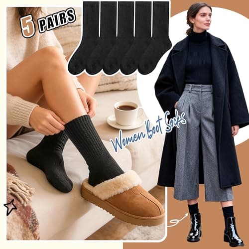 PROETRADE Merino Wool Thermal Socks for Womens Walking Winter Warm Thick Cosy Gift Stocking Fillers Women Boot Crew Comfy Ladies Hiking Work Socks 5 Pack (Black) — view 5