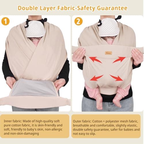 CUBY Half Buckle Baby Wrap Carrier for Newborn, Ergonomic Butterfly Back Shape Baby Sling Carrier, Kangaroo Front & Backpack with Head Cover, for Toddler & Newborn, Up to 35LBS, Apricot — view 3