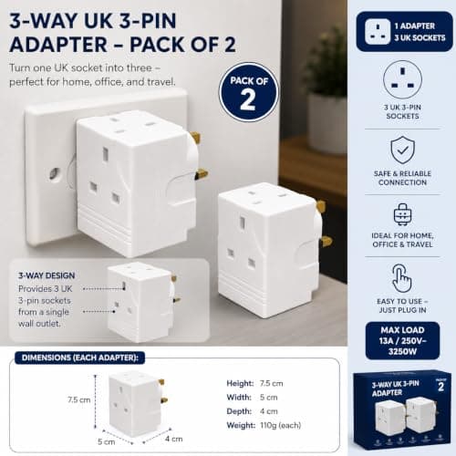 3 Way 3 Pin Power Plug Adaptor 2 Pack 13A Fused Cube Multi 3 pins Wall Socket Splitter Extension 250V Power Extender portable UK Plug for Home Office — view 2