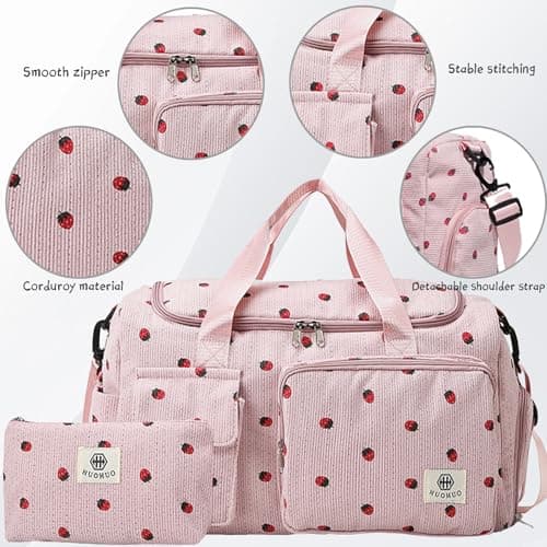 AUNGKWANG Corduroy Strawberry Travel Duffel Bag Set, Dance Bags for Girls with Little Strawberry Wallet, Sports Bags Women Foldable Gym Sports Bag — view 3