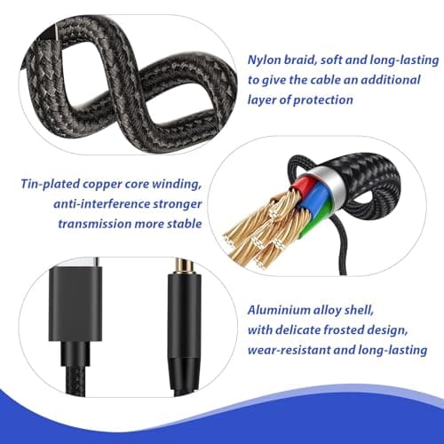 USB C to 3.5mm Aux Audio Jack Cable Type C to 3.5mm Male Headphone Adapter Stereo Cord Auxiliary Wire USB-C Compatible with Samsung Huawei iPhone Galaxy Nylon Braided Black 1m — view 4