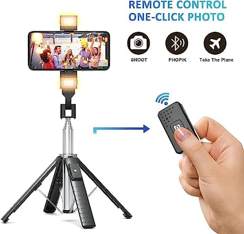 Selfie Stick Tripod Quadrapod with 2 Rechargeable Fill Light, Extendable Tripod with Bluetooth Remote, Stainless Steel, 3 Light Modes, 9 Brightness Levels, Compatible for All iPhone & Android — view 3