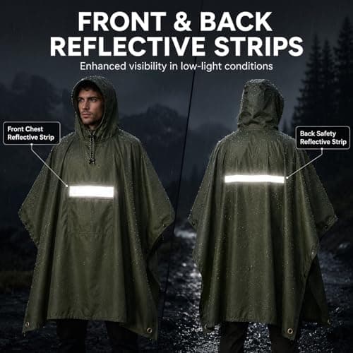 NWDEY Waterproof Poncho for Adults – Reusable Lightweight Rain Poncho with Reflective Strips & Front Pocket, Outdoor Raincoat for Camping, Hiking & Travelling (Green) — view 4