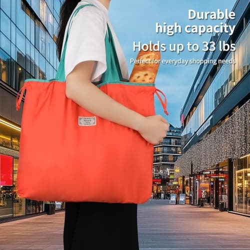 Nexlynk 3Pcs Foldable Reusable Shopping Bags 42x53 cm, Large Waterproof Tote Drawstring Shopper Washable Nylon Grocery Bags for Travel Beach Daily Use Women Mom (Orange Green Yellow) — view 5