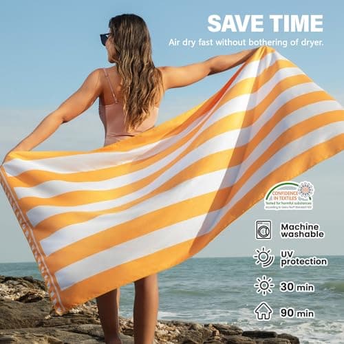 Winthome Beach Towel for Adults - Large Microfibre Beach Towel Quick-Dry, Sand Free, Lightweight, With Bag for Beach, Pool, Camping, Yoga & Outdoor Yellow Stripe 90×180cm 1 Pack — view 3
